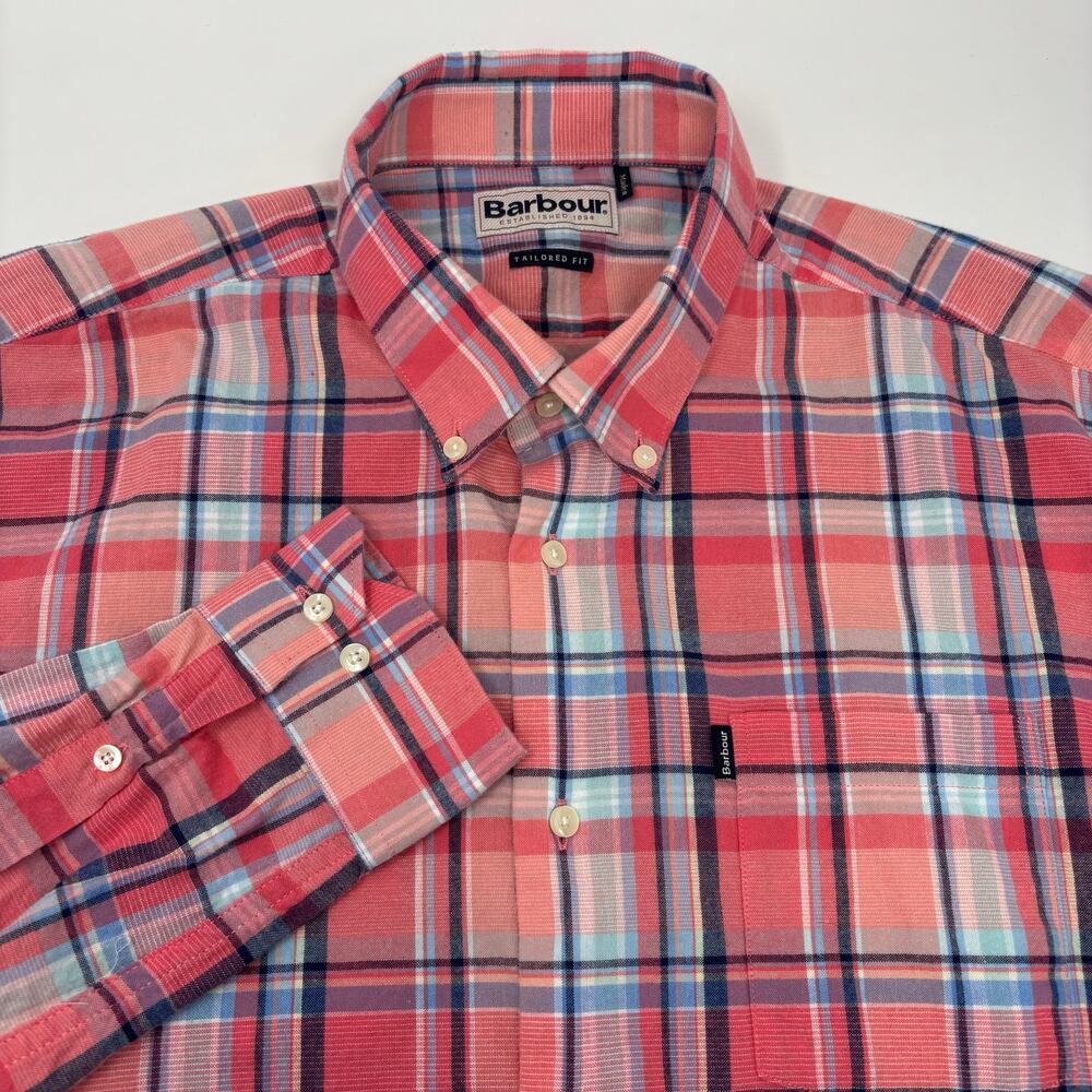 Barbour Mens Large Pink Blue Check Long Sleeve‎ Button Down Light Flannel Shirt